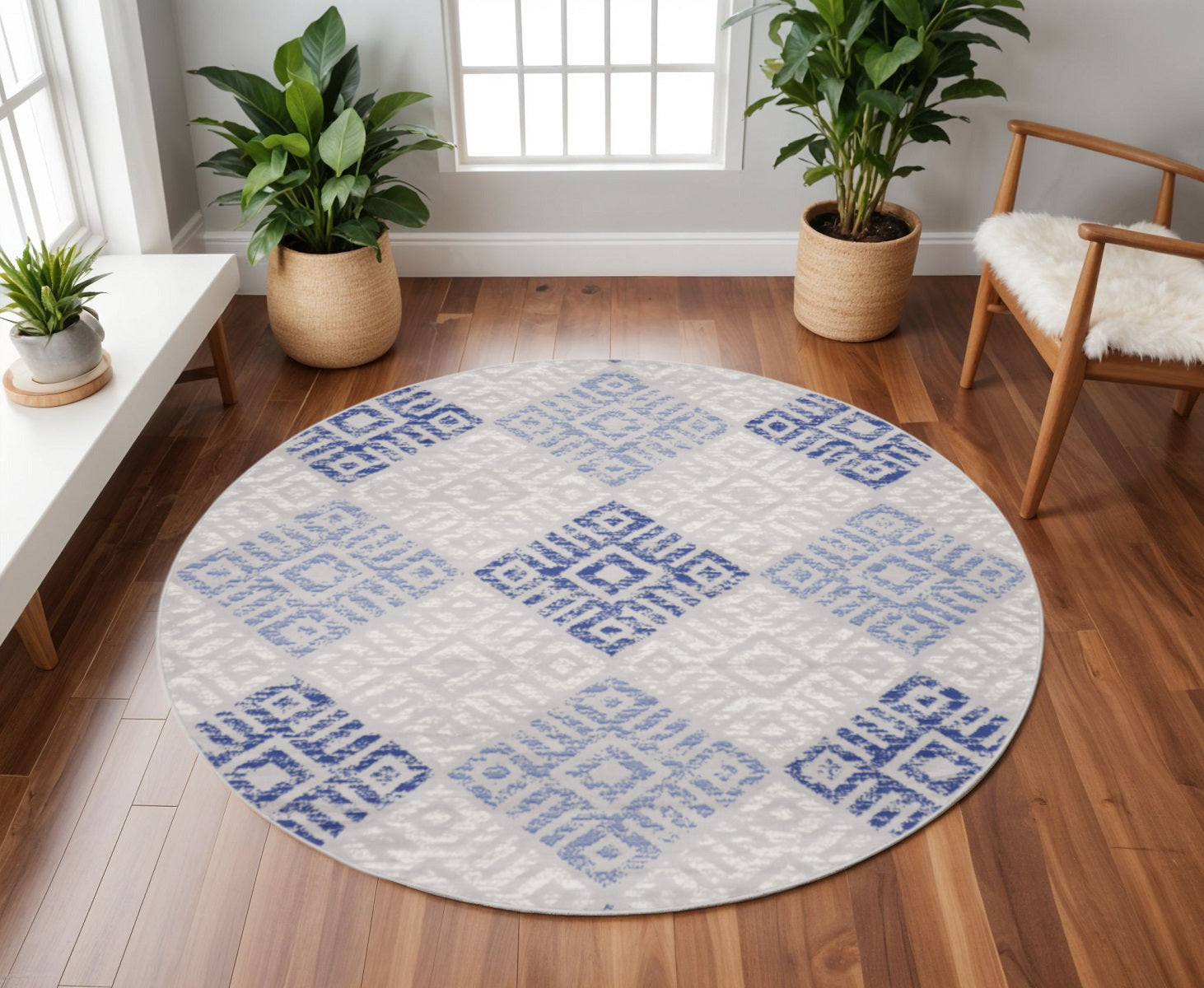 8' Beige Blue and Gray Geometric Round Rug