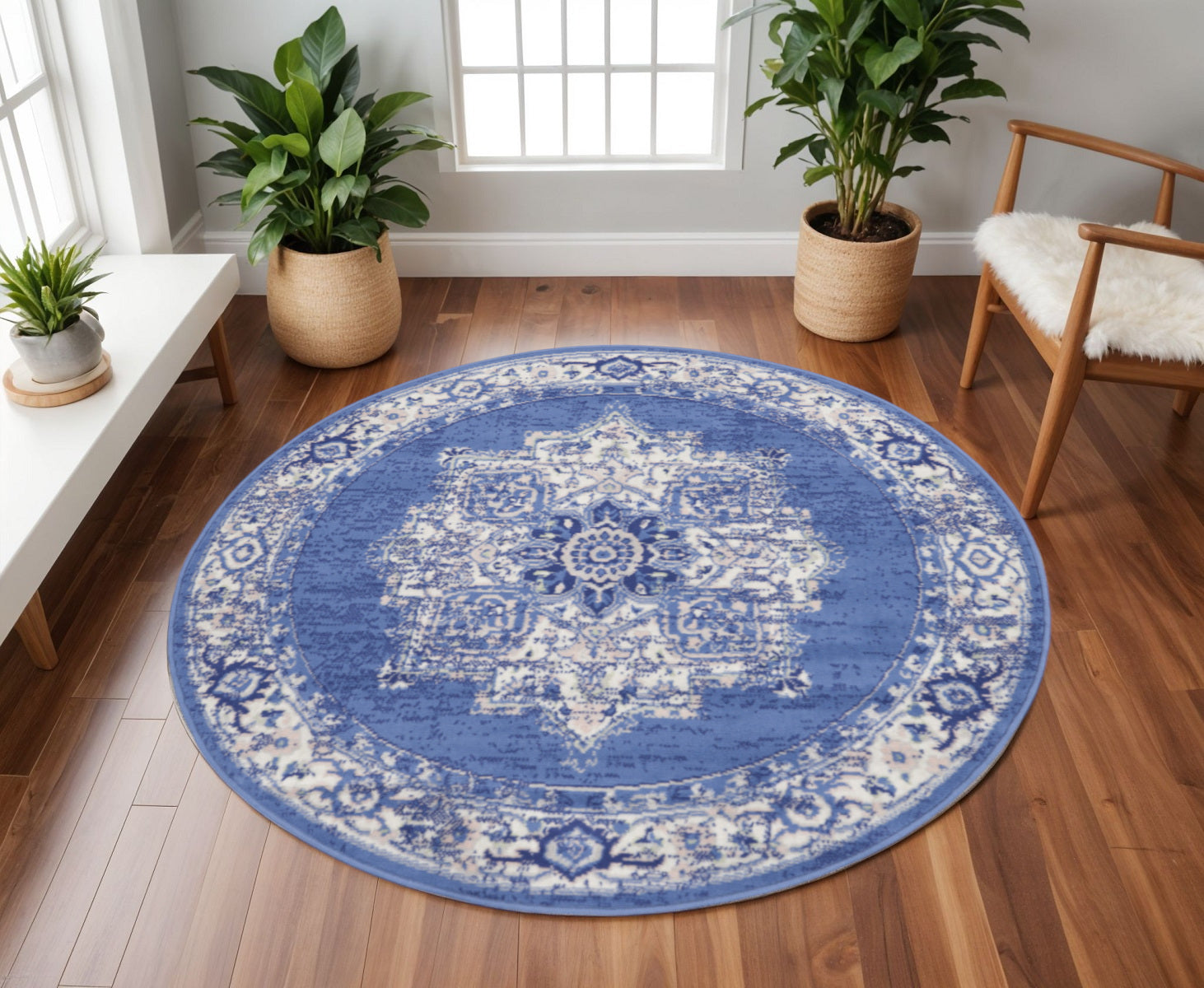 8' Beige And Ivory Floral Medallion Round Rug