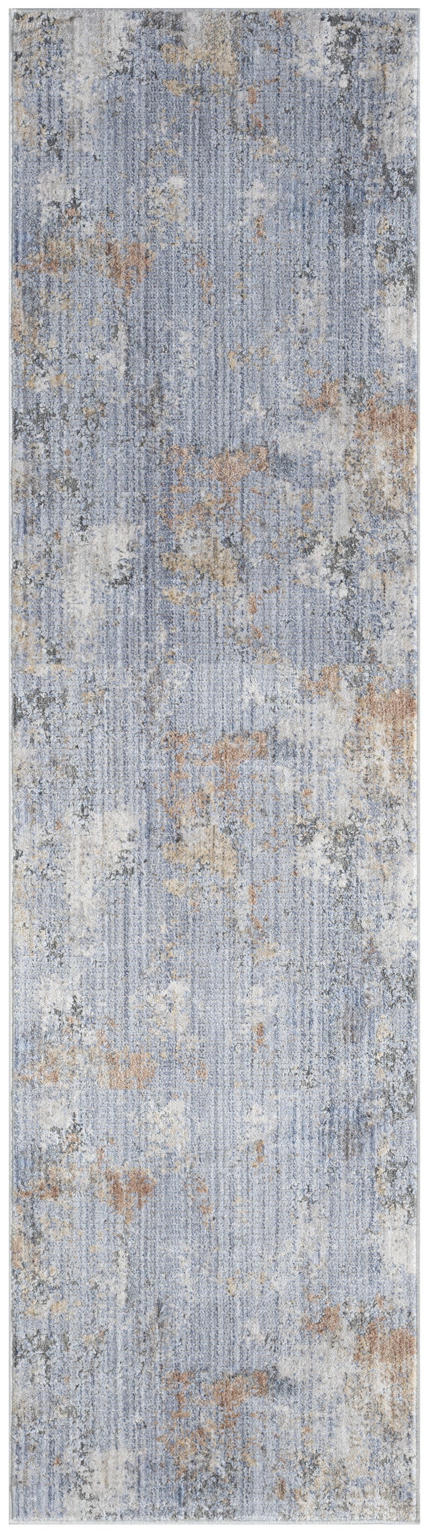 8' Beige Blue and Gray Abstract Runner Rug With Fringe