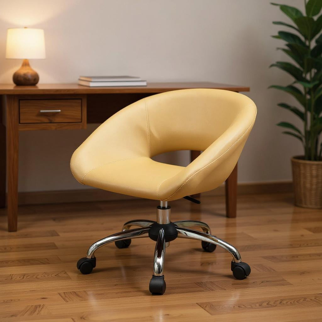 Beige and Silver Faux Leather Adjustable Height Swivel Rolling Office Chair