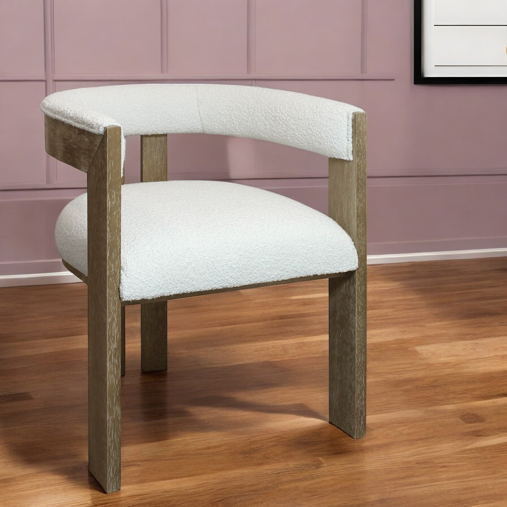 Ivory and Brown Upholstered Boucle Open Back Dining Arm Chair