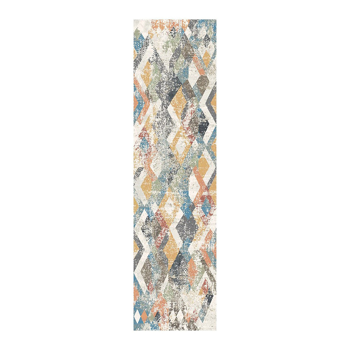 8' Beige Blue and Gray Geometric Distressed Runner Rug With Fringe