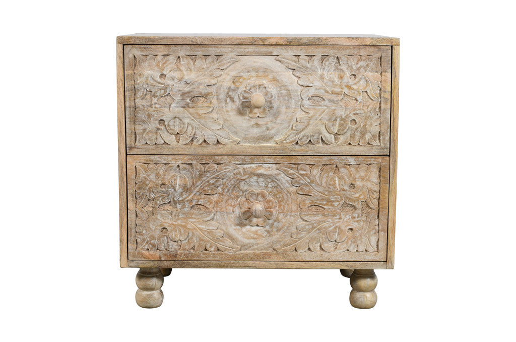 24" Natural Two Drawer Distressed Carved Floral Solid Wood Nightstand
