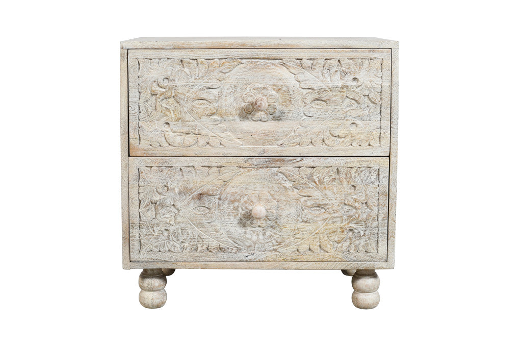 24" Natural And White Solid Wood Distressed Carved Scrollwork Two Drawer Nightstand