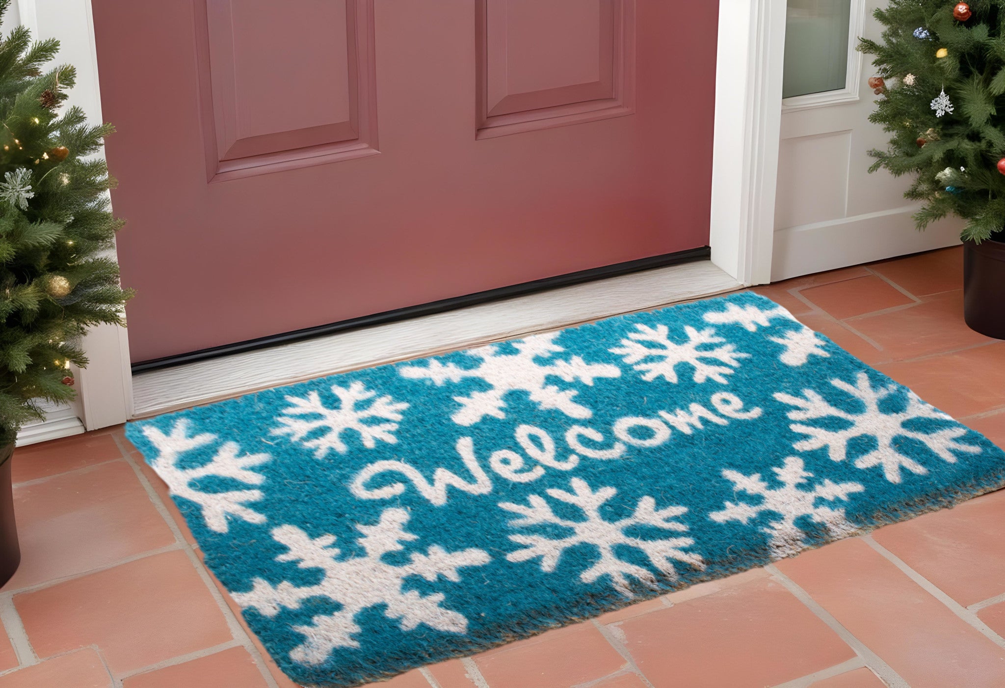 18" X 30" Aqua Blue and White Coir Snowflake Welcome Outdoor Winter Door Mat