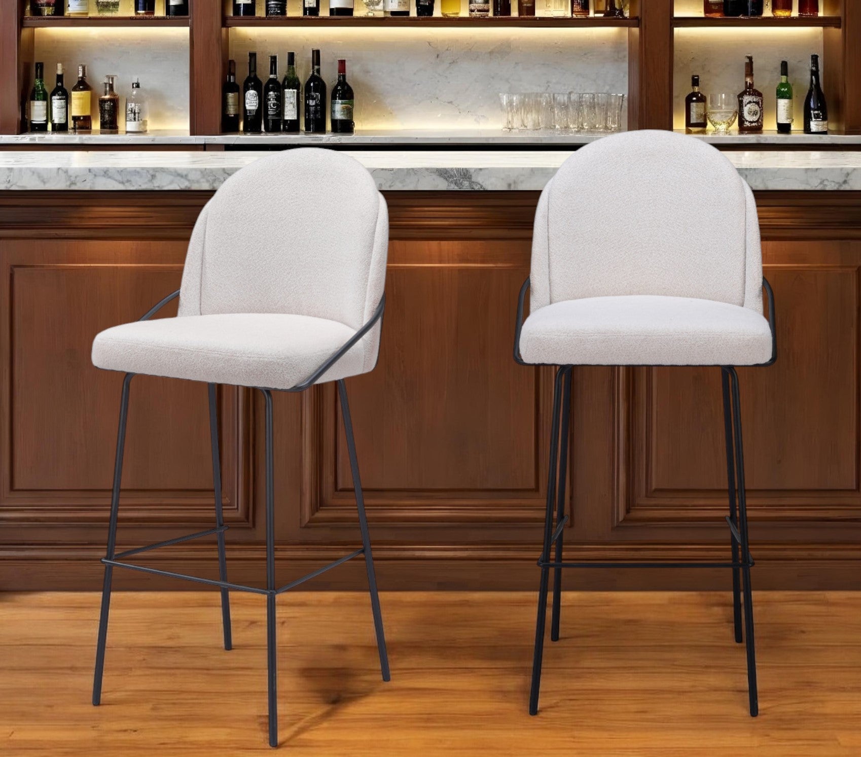Set of Two 30" Ivory And Black Shearling And Steel Bar Height Bar Chairs