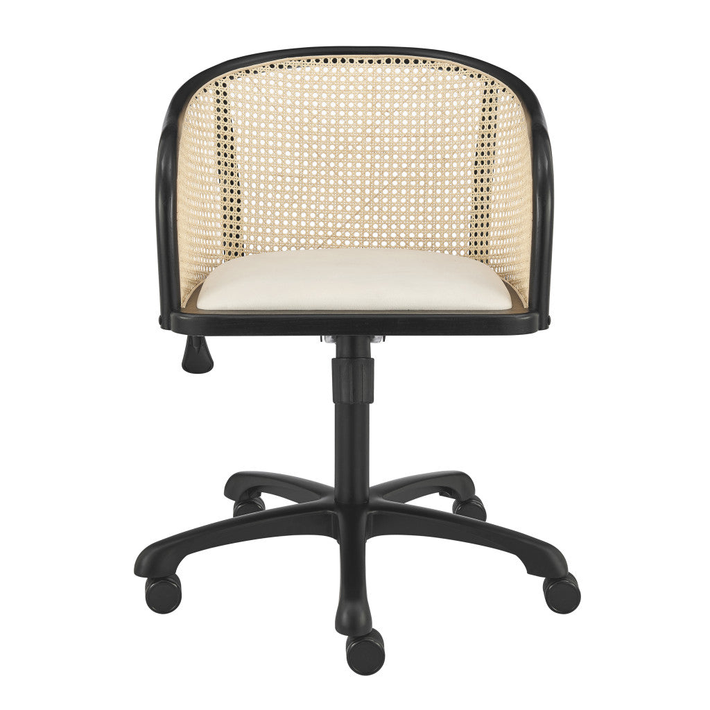 Beige and Black Solid Wood Steel And Cane Rattan Adjustable Swivel Rolling Office Chair