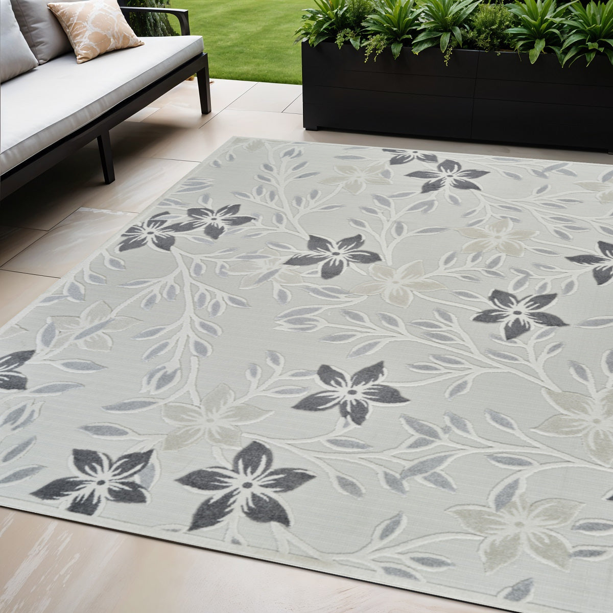 5' X 7' Cream And Gray Floral Distressed Indoor Outdoor Area Rug
