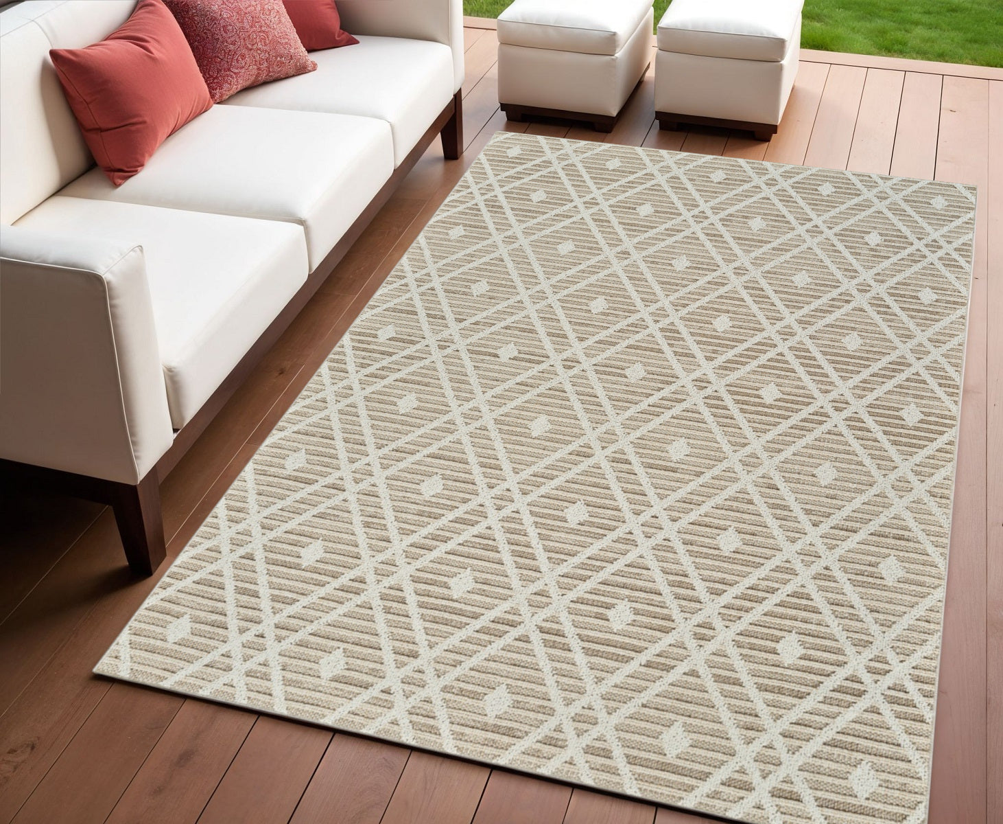 4' X 6' Cream and Brown Geometric Distressed Indoor Outdoor Area Rug
