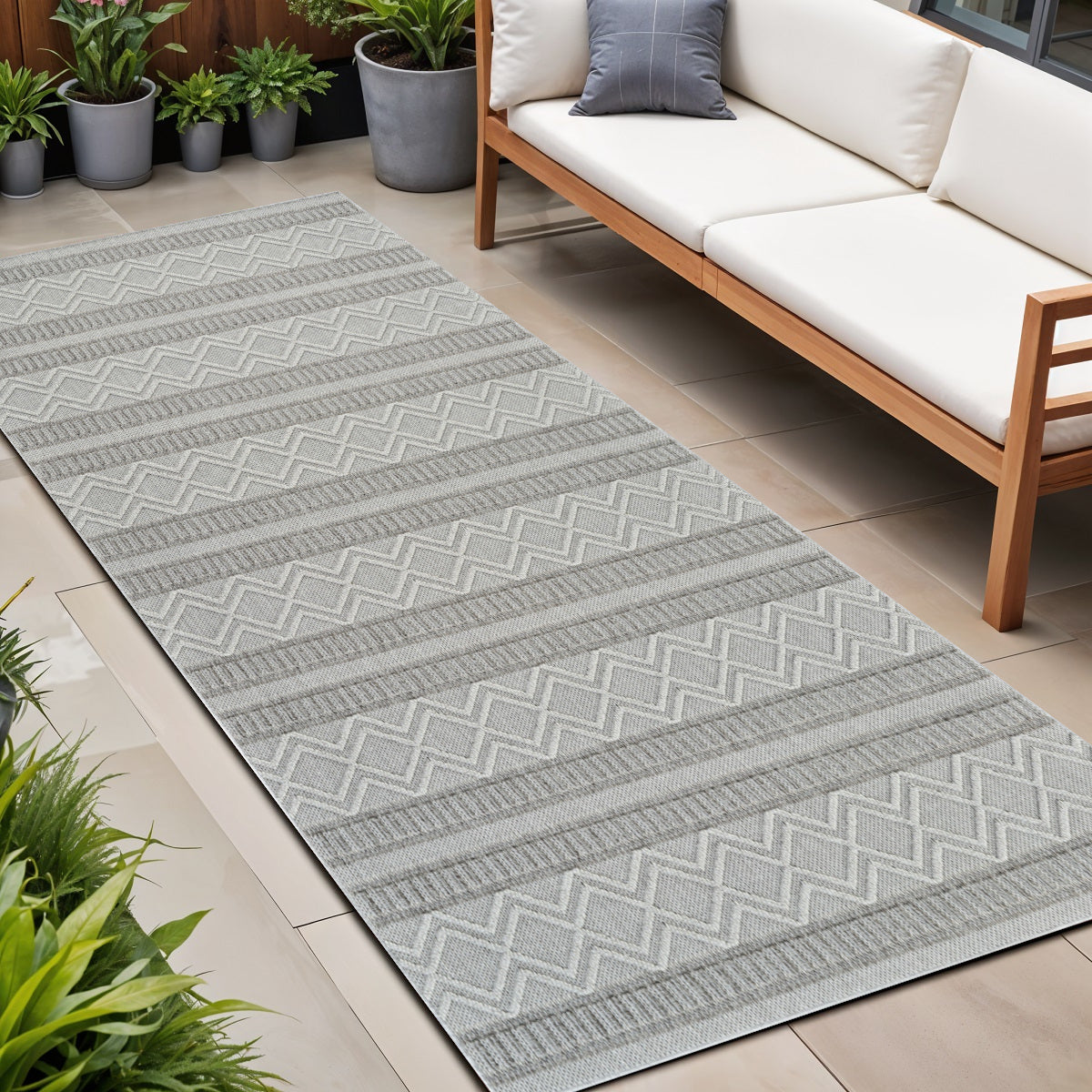 8' Beige And Gray Striped Distressed Indoor Outdoor Runner Rug