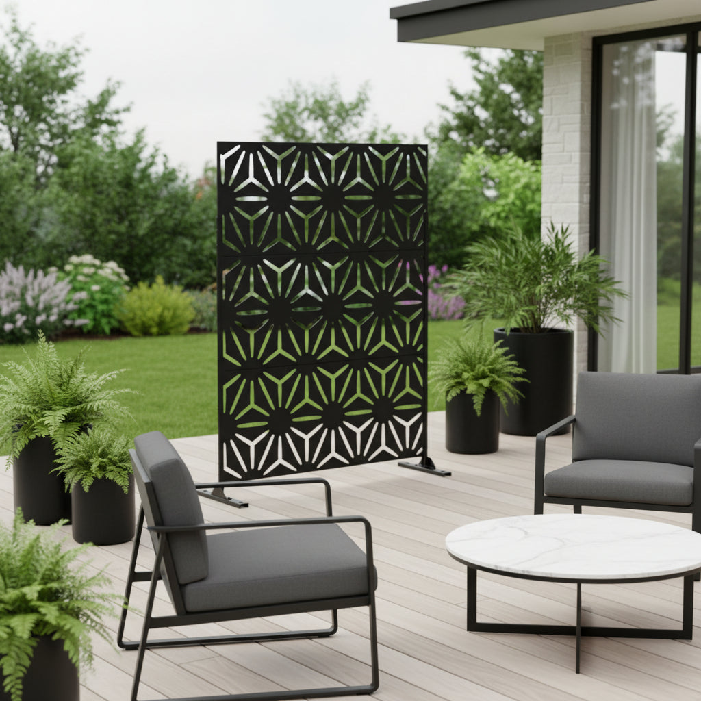 75" Black Steel Three Panel Screen Room Divider