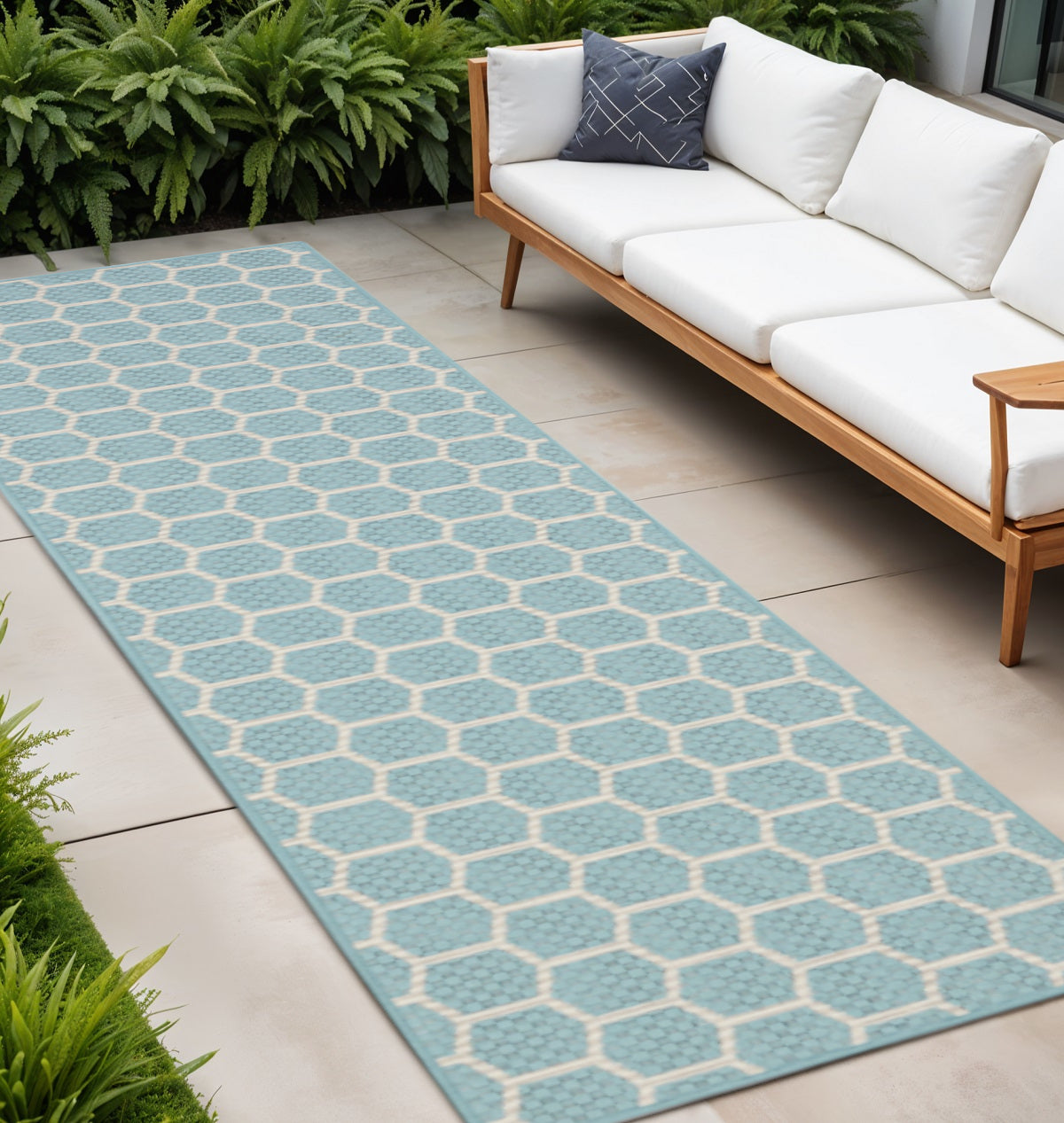 8' Aqua And Ivory Geometric Indoor Outdoor Runner Rug