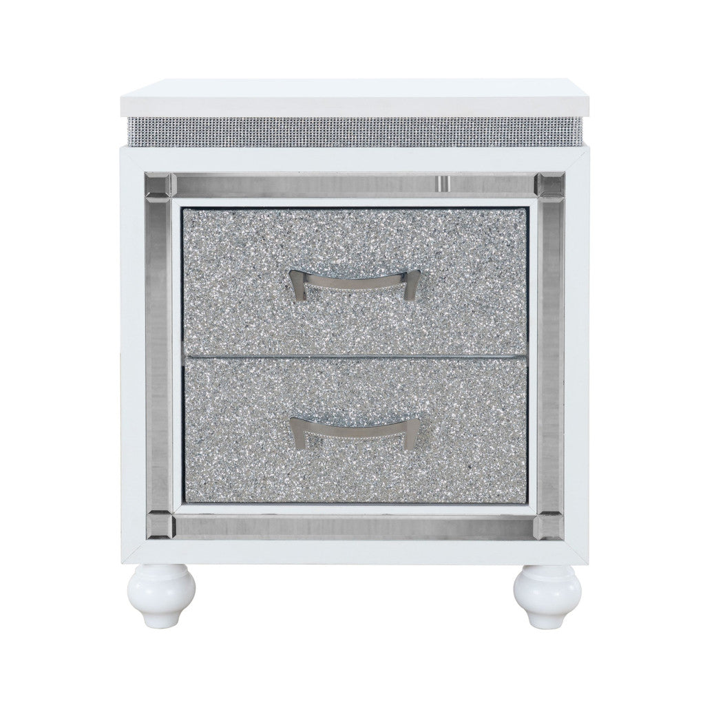 22" White and Silver Two Drawer Faux Crystal Bling Wood Nightstand