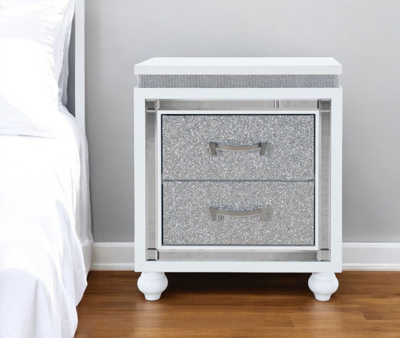 22" White and Silver Two Drawer Faux Crystal Bling Wood Nightstand