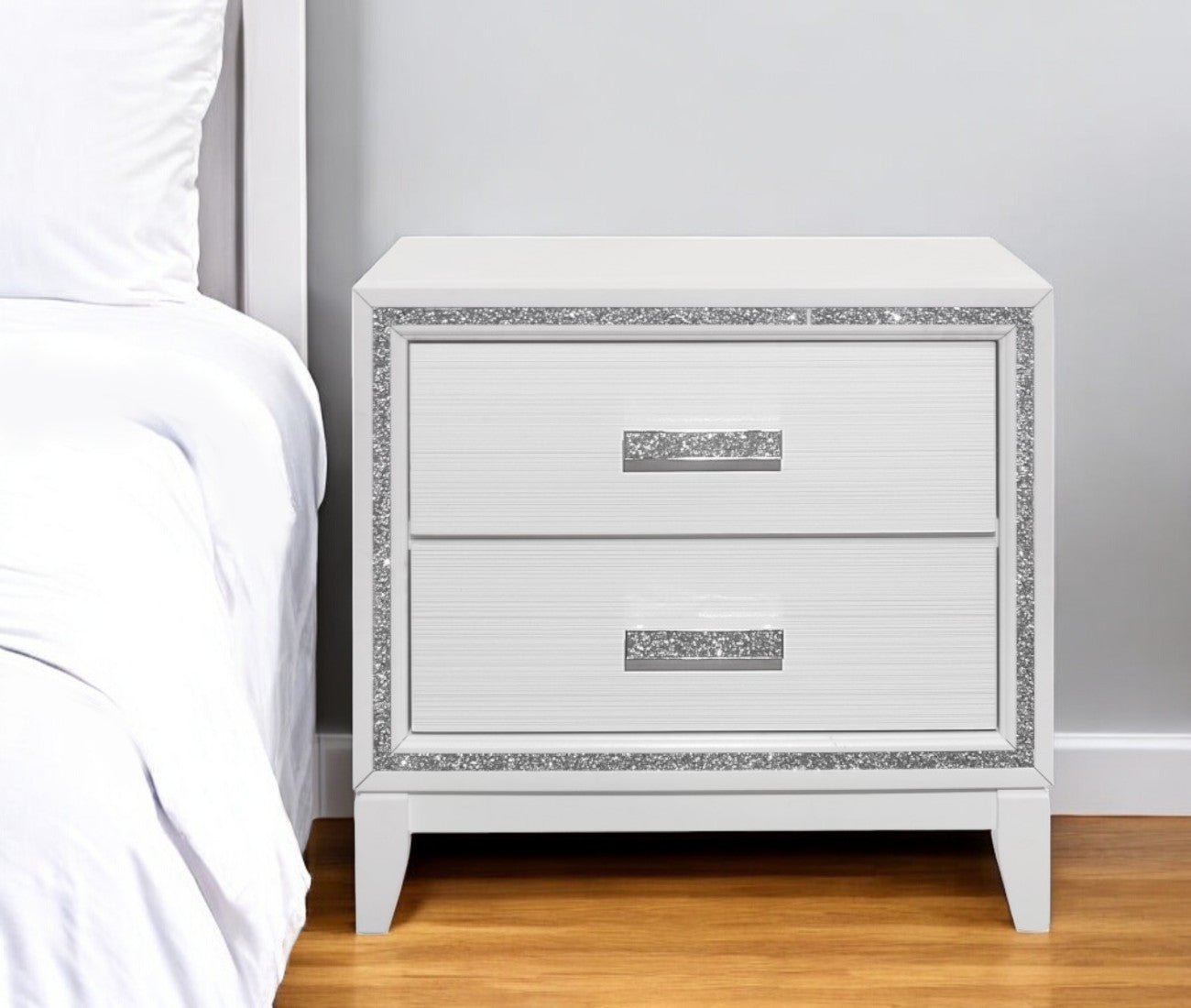 26" White Two Drawer Faux Crystal Bling Wood Nightstand