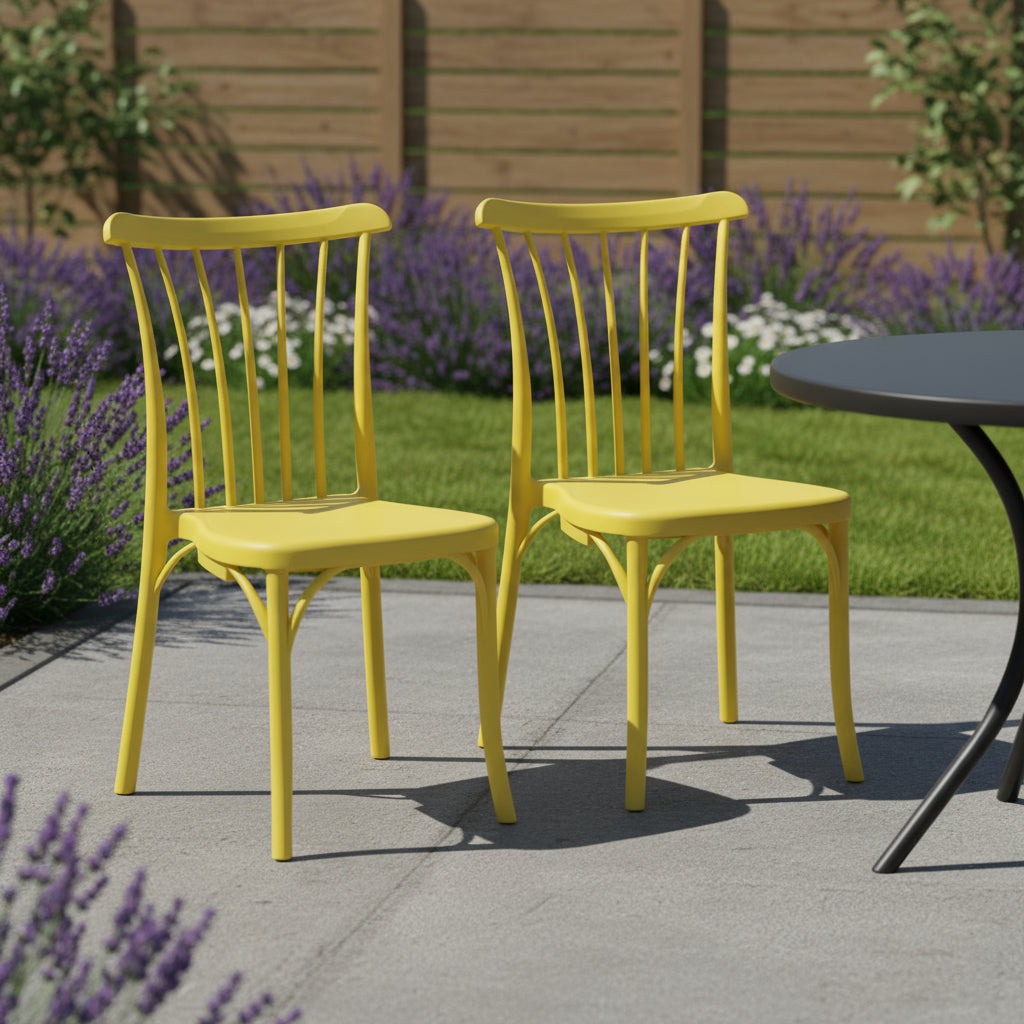 Set of Two Yellow Heavy Duty Plastic Outdoor Stacking Dining Chairs