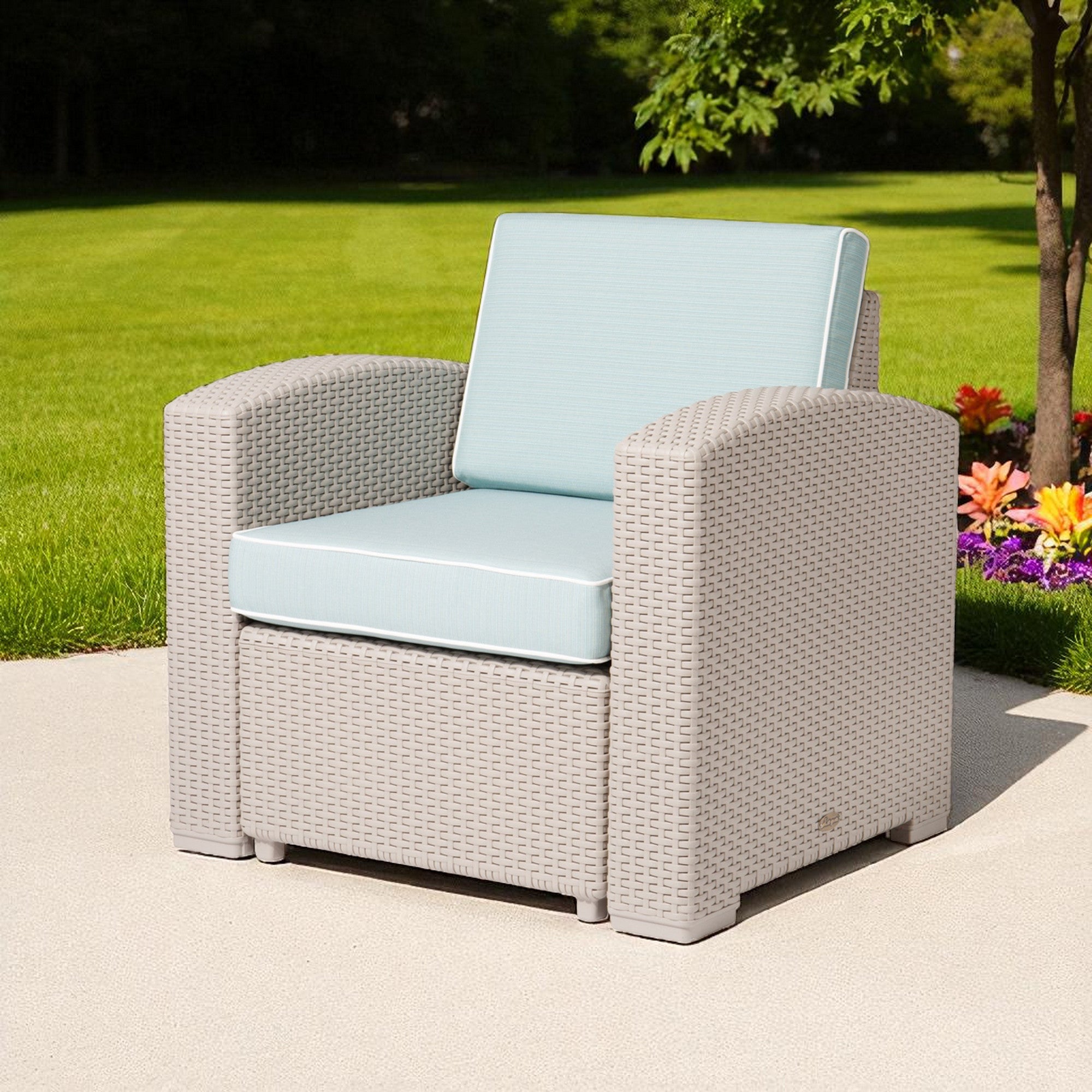 33" Gray Heavy Duty Plastic Outdoor Club Chair With Blue Cushion