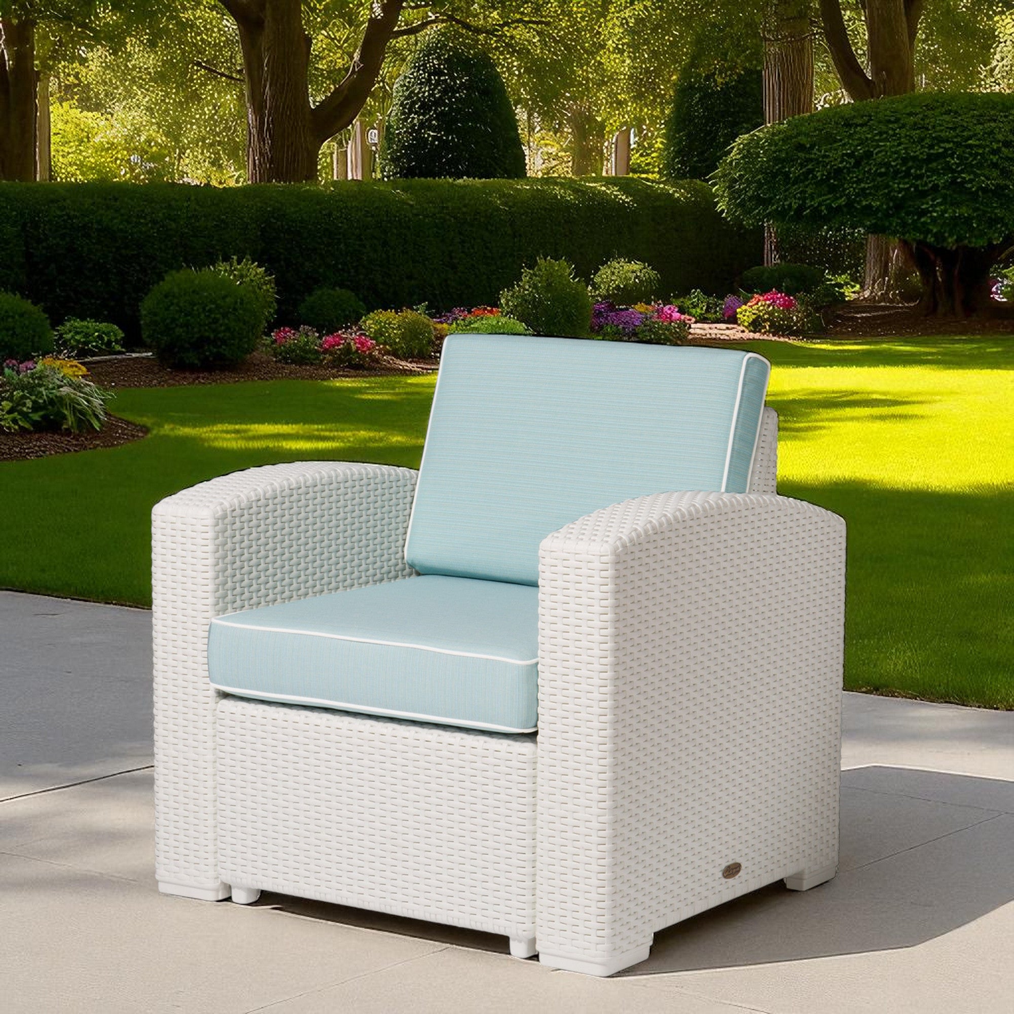 33" White Heavy Duty Plastic Outdoor Club Chair With Aqua Blue Cushion