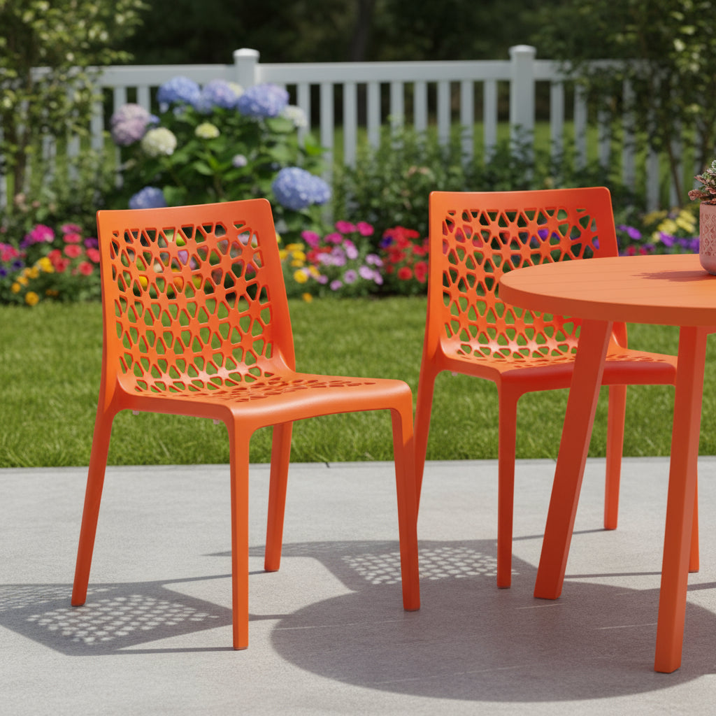 Set of Two Orange Heavy Duty Plastic Outdoor Stacking Dining Chairs