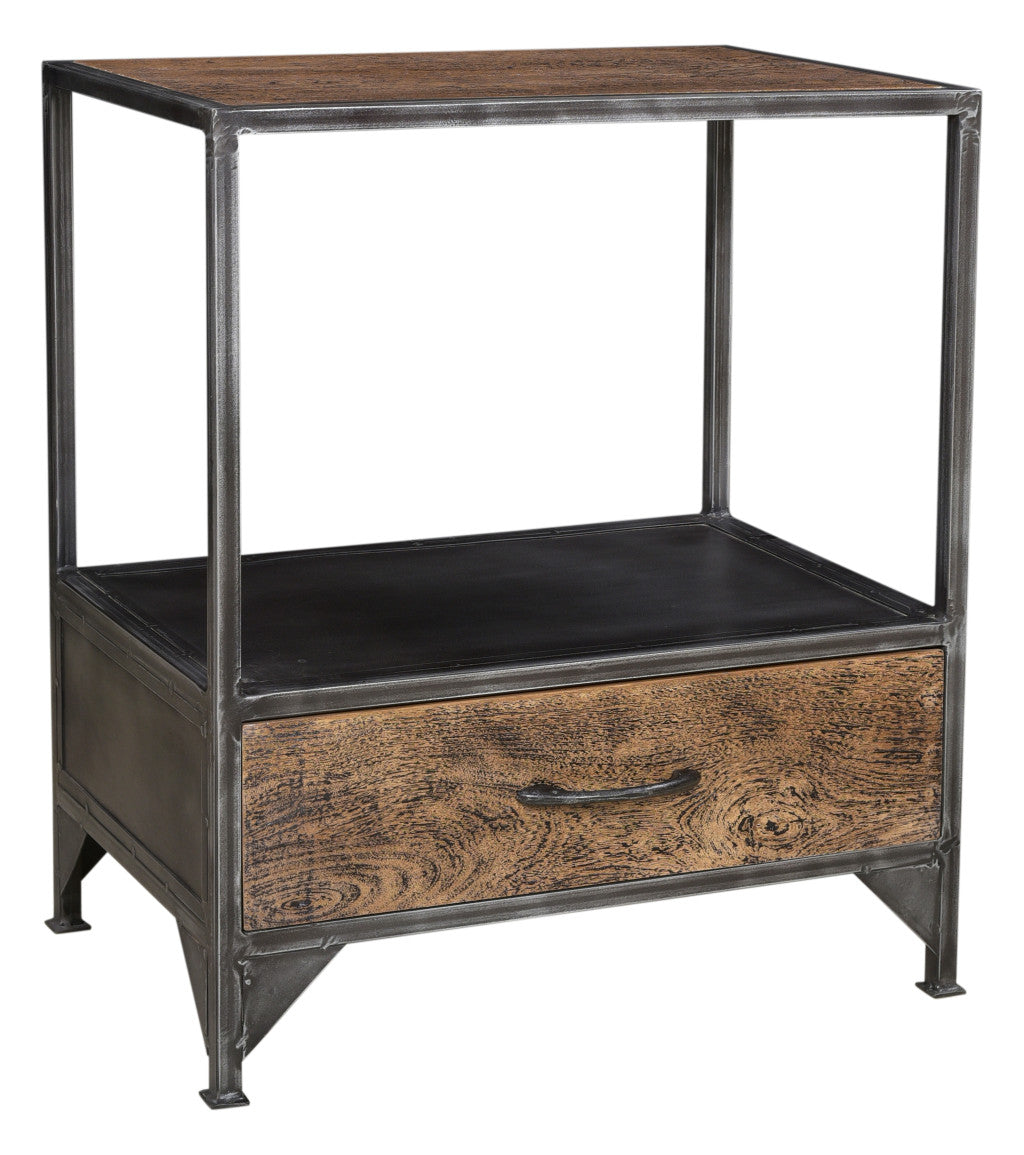 28" Brown And Dark Gray Steel and Solid Wood Distressed One Drawer Nightstand