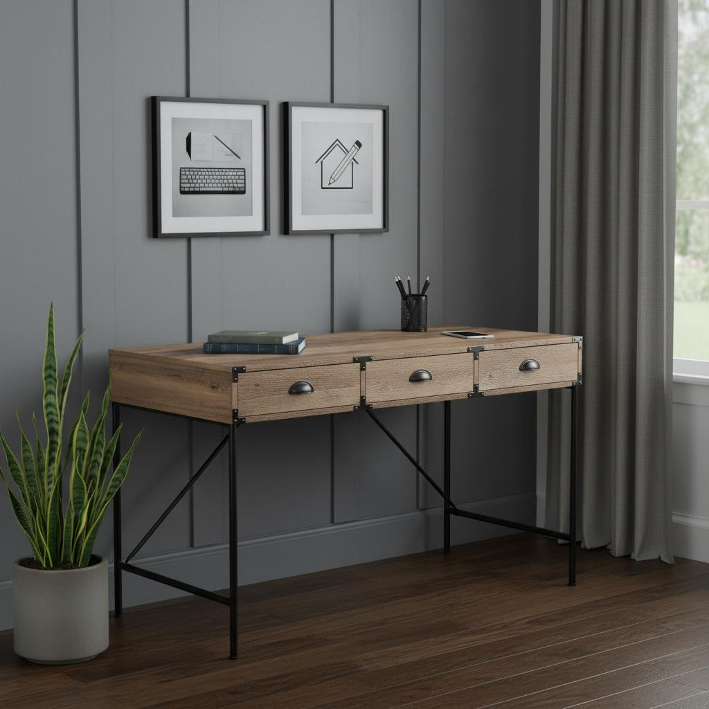47" Oak Wood Wall Mounted H-Shape Writing Desk With Three Drawers