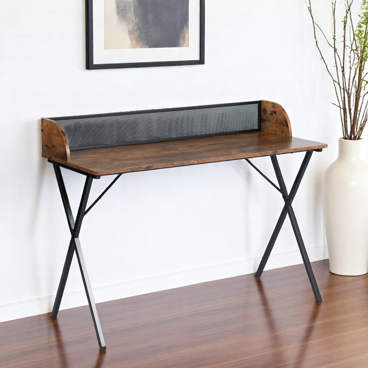 47" Brown and Black Wood and Metal X-Shape Computer Desk