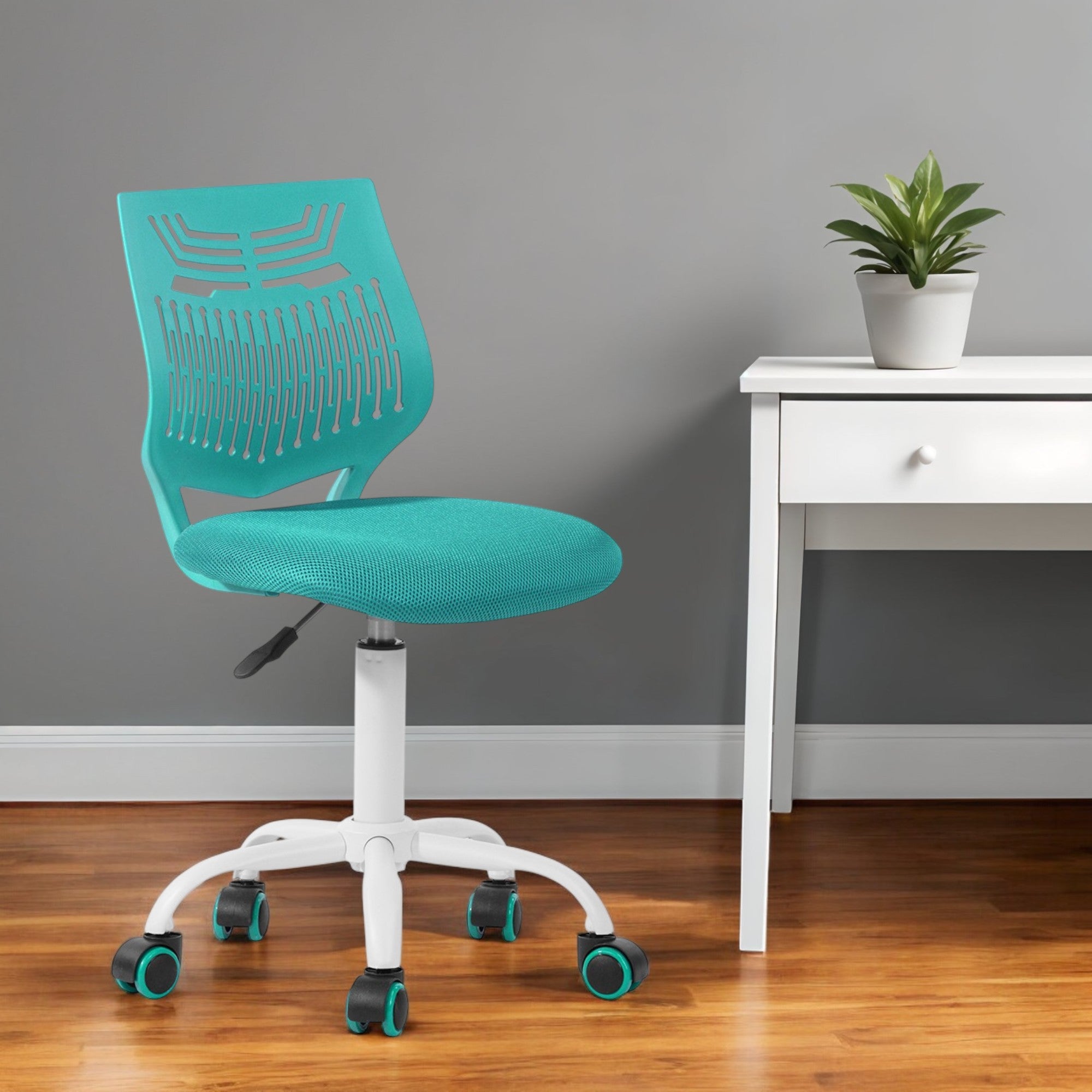 Turquoise and White Adjustable Height Swivel Rolling Office Chair