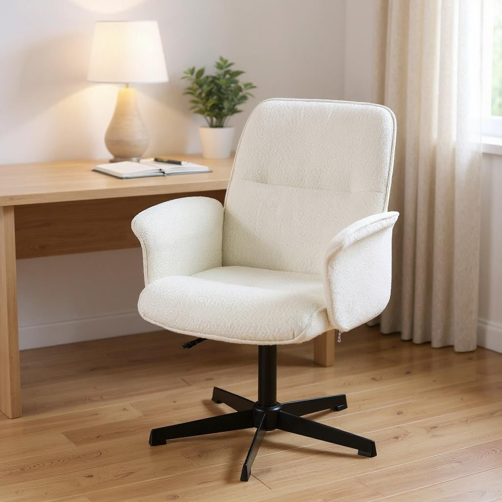 Off White and Black Boucle Adjustable Height Swivel Executive Office Chair