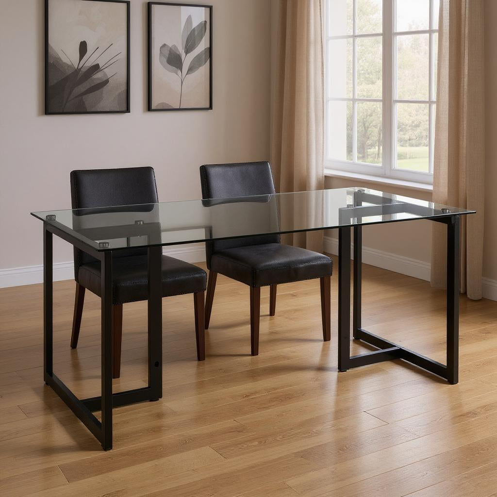 55" Gray And Black Glass And Metal Sled Base Dining Table
