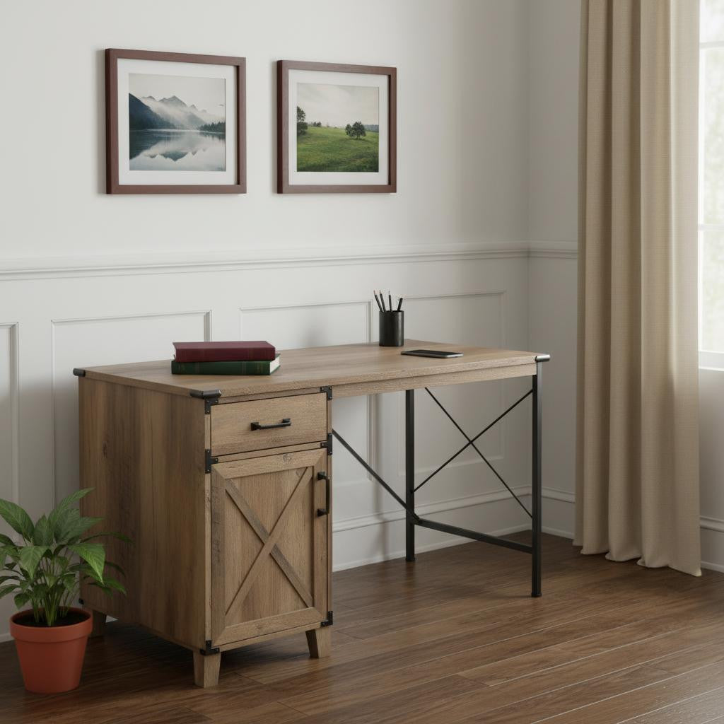 47" Oak Wood Wall Mounted Trestle Writing Desk