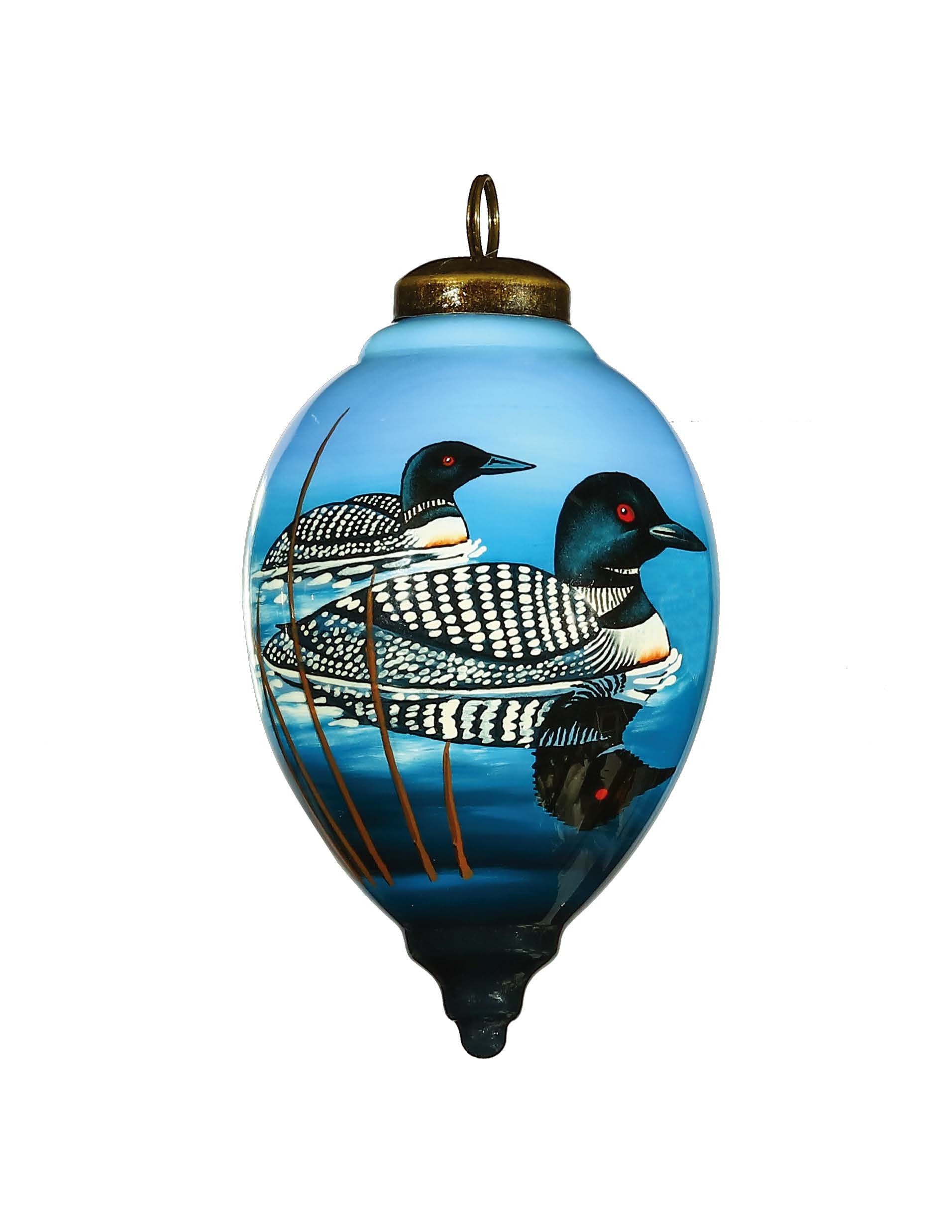 Loons Hand Painted Blue White And Black Glass Finial Ornament