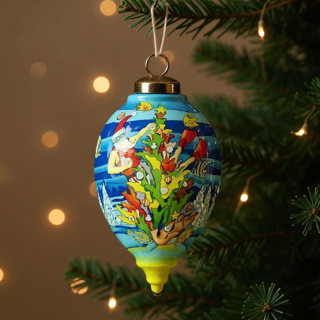 Christmas Santa Under The Sea Hand Painted Yellow Blue And Red Glass Finial Ornament