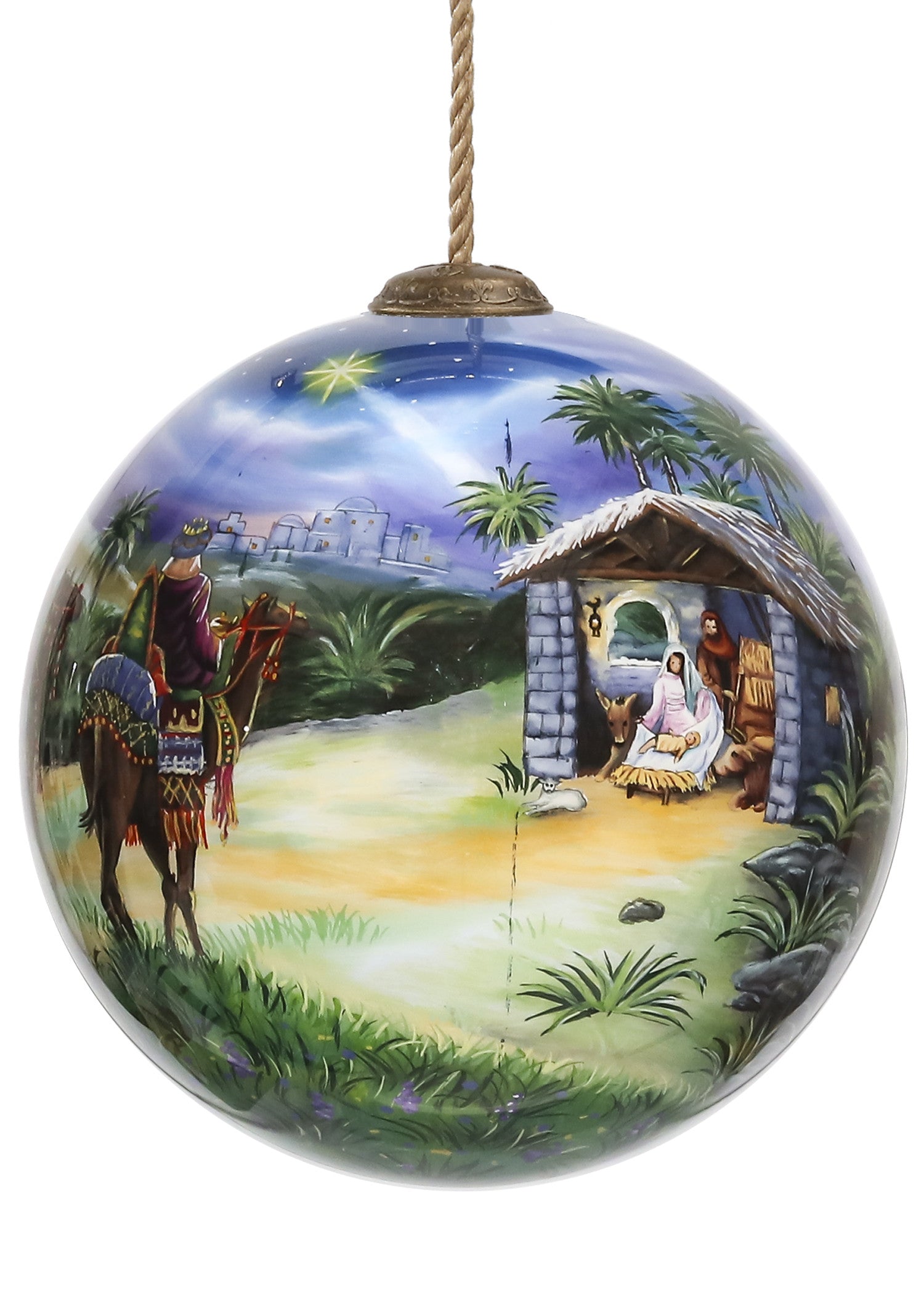 We Three Kings Hand Painted Teal Blue Green And Brown Glass Ball Ornament