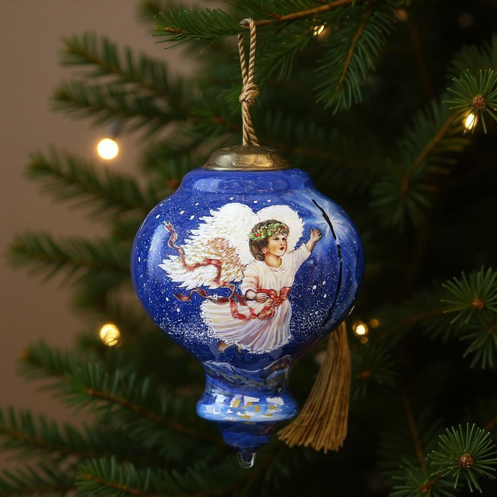 Angel of Peace Hand Painted Blue And White Glass Finial Ornament