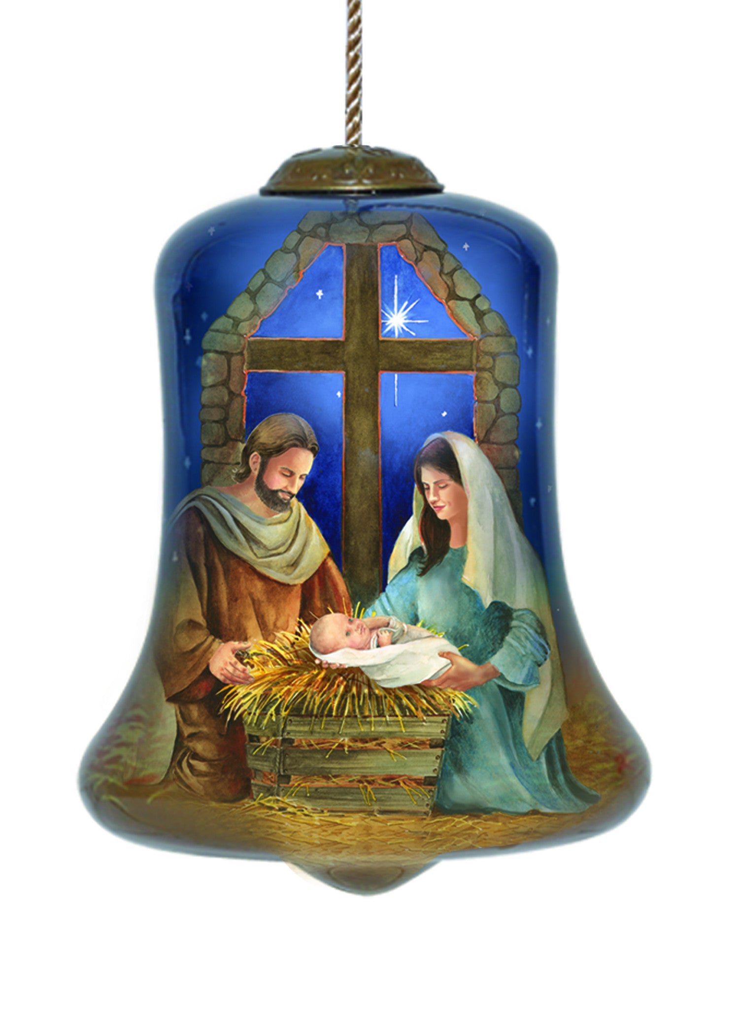 Chrild is Born Hand Painted Blue And Brown Glass Holiday Shaped Ornament