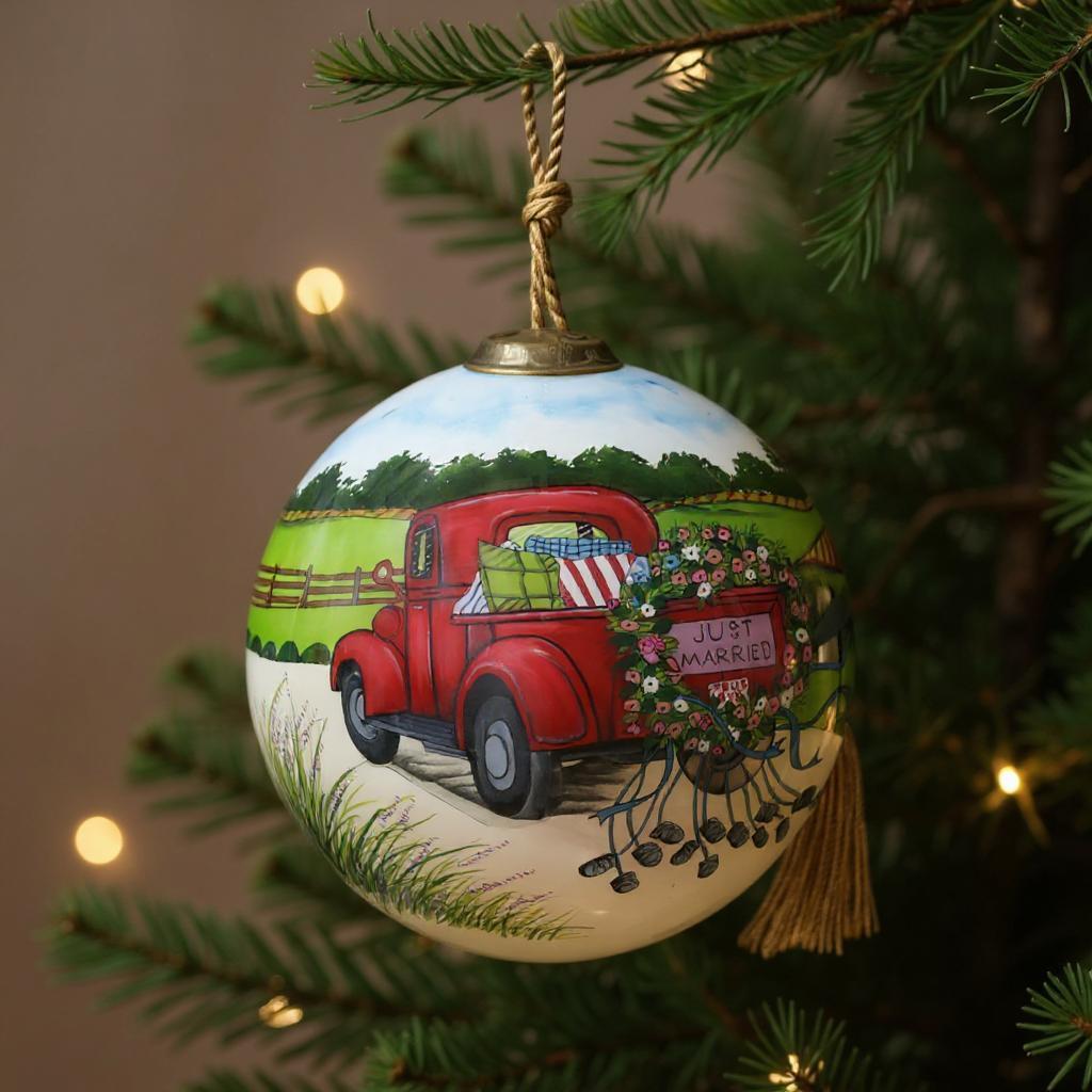 Just Married Hand Painted Red Green And White Glass Ball Ornament