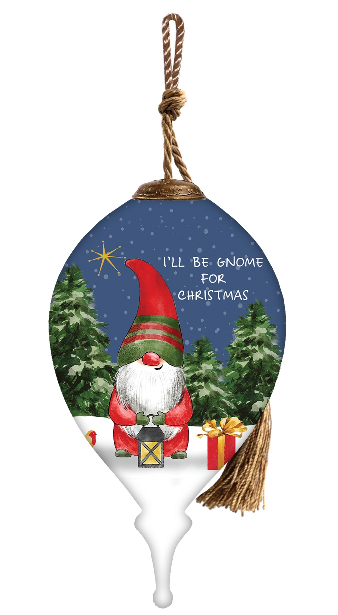 Iell Be Gnome For Christmas Hand Painted Blue White And Red Glass Finial Ornament