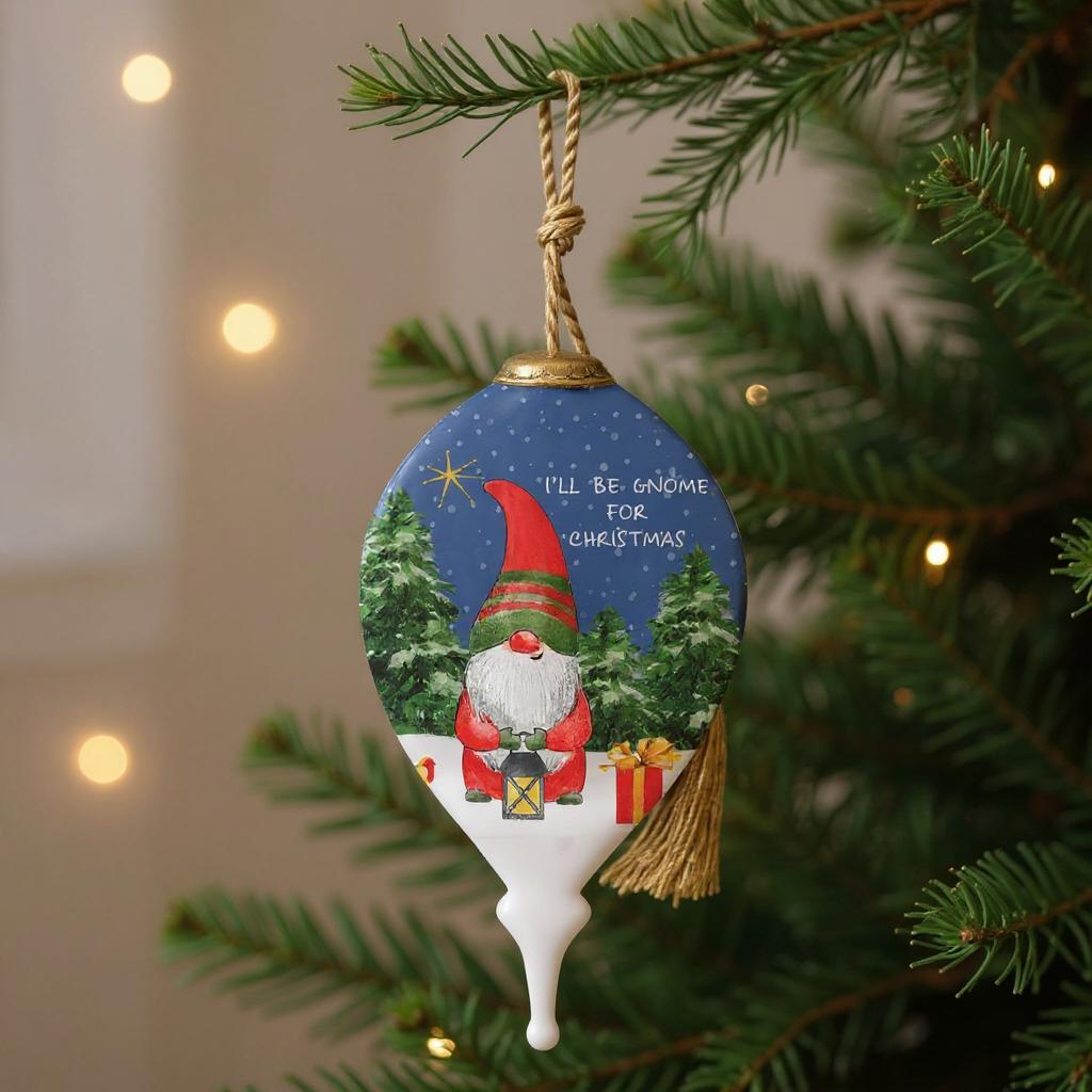 Iell Be Gnome For Christmas Hand Painted Blue White And Red Glass Finial Ornament