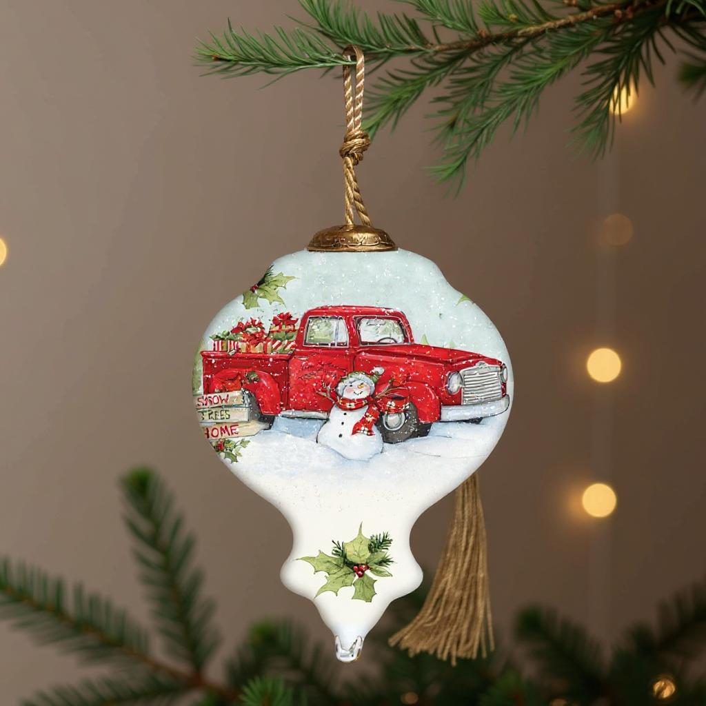 Red Truck Hand Painted Red White And Green Glass Finial Ornament