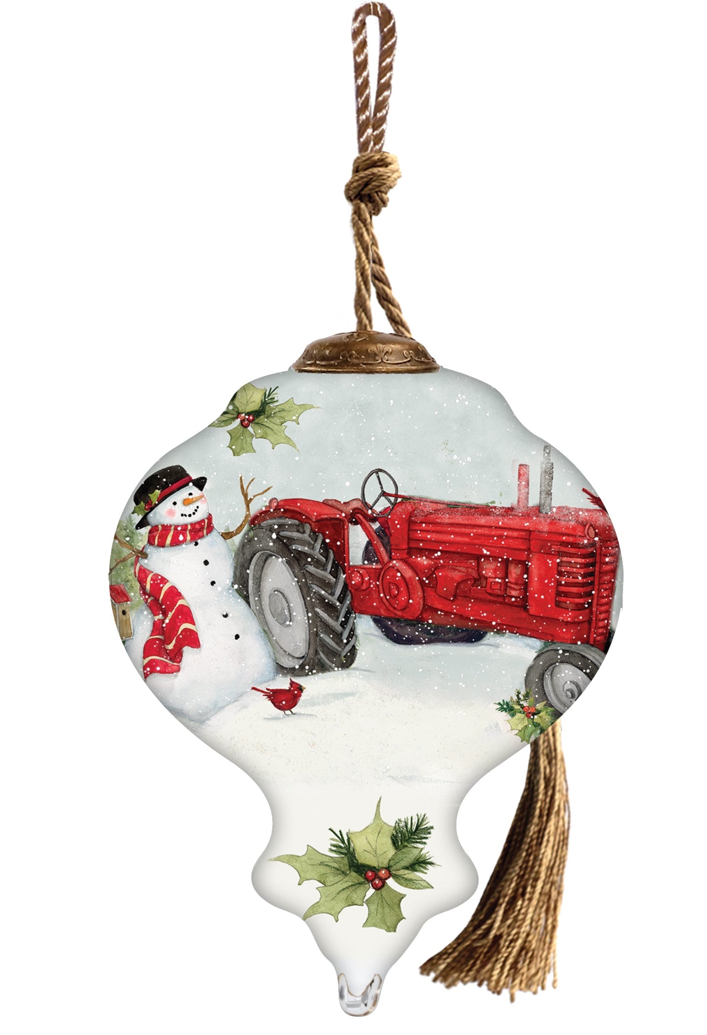 Christmas Red Tractor Hand Painted Red White And Green Glass Finial Ornament