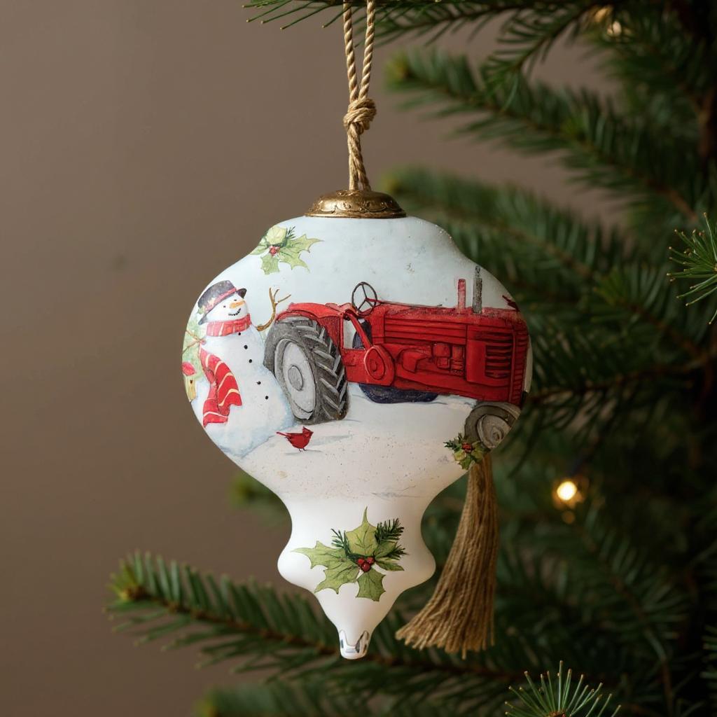 Christmas Red Tractor Hand Painted Red White And Green Glass Finial Ornament