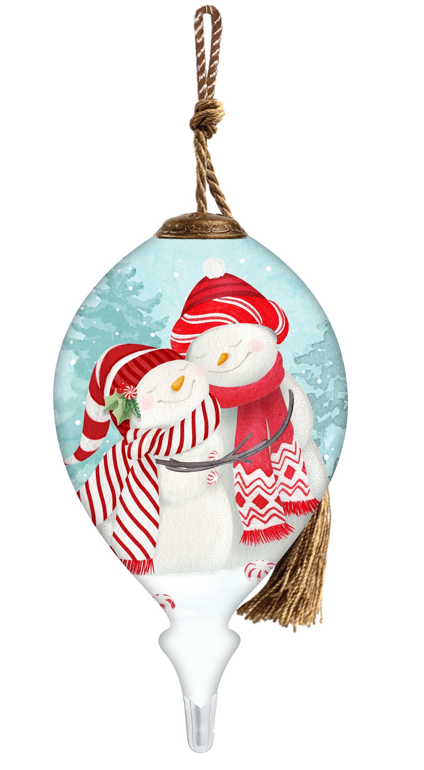 Peppermint Snow Couple Hand Painted White Red And Blue Glass Finial Ornament