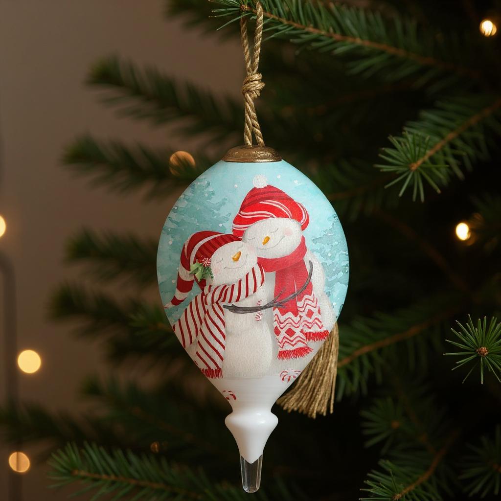 Peppermint Snow Couple Hand Painted White Red And Blue Glass Finial Ornament