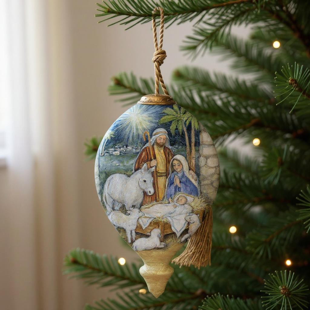 Holy Night Hand Painted Blue White And Green Glass Finial Ornament