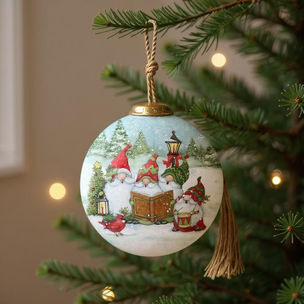 Caroling with my Gnomies Hand Painted Red Green And White Glass Ball Ornament