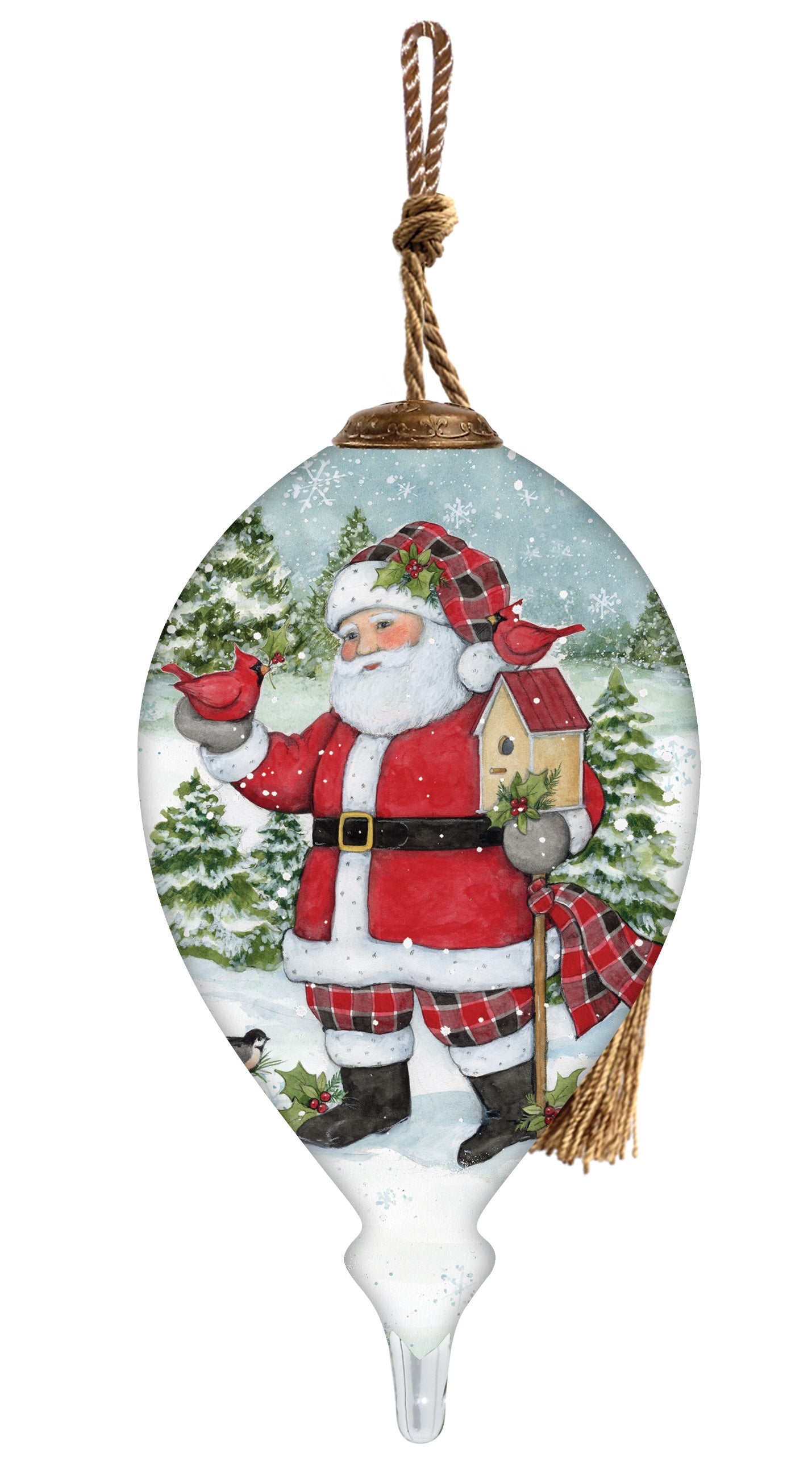 Holiday Lodge Santa Hand Painted Green Red And White Glass Finial Ornament