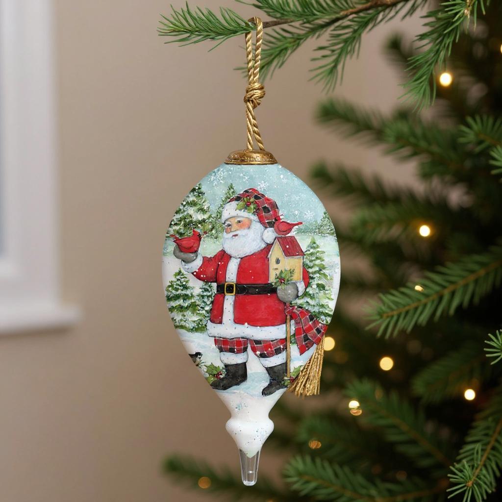 Holiday Lodge Santa Hand Painted Green Red And White Glass Finial Ornament