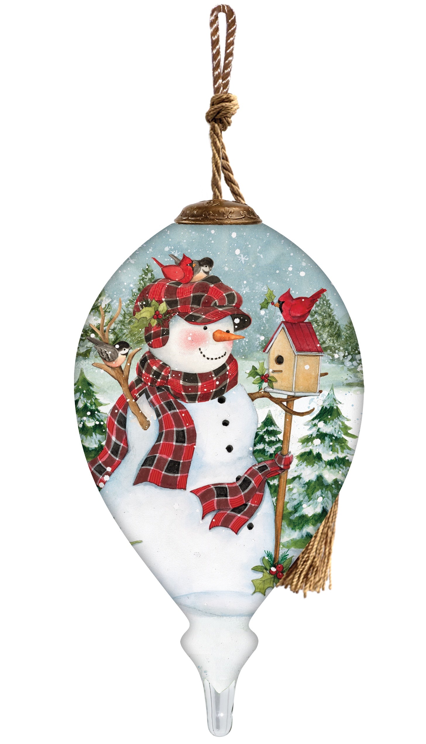 Holiday Lodge Snowman Hand Painted Green Red And White Glass Finial Ornament