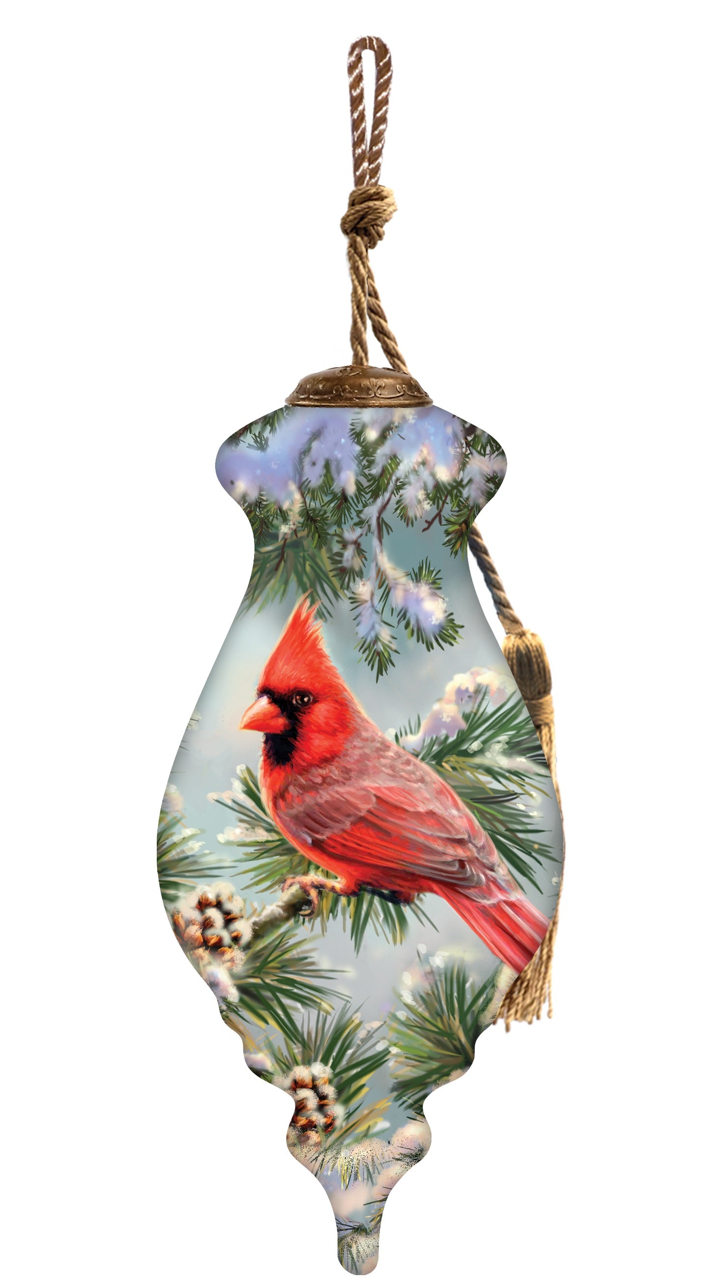 Snowy Pine Cardina Hand Painted Red And Green Glass Finial Ornament