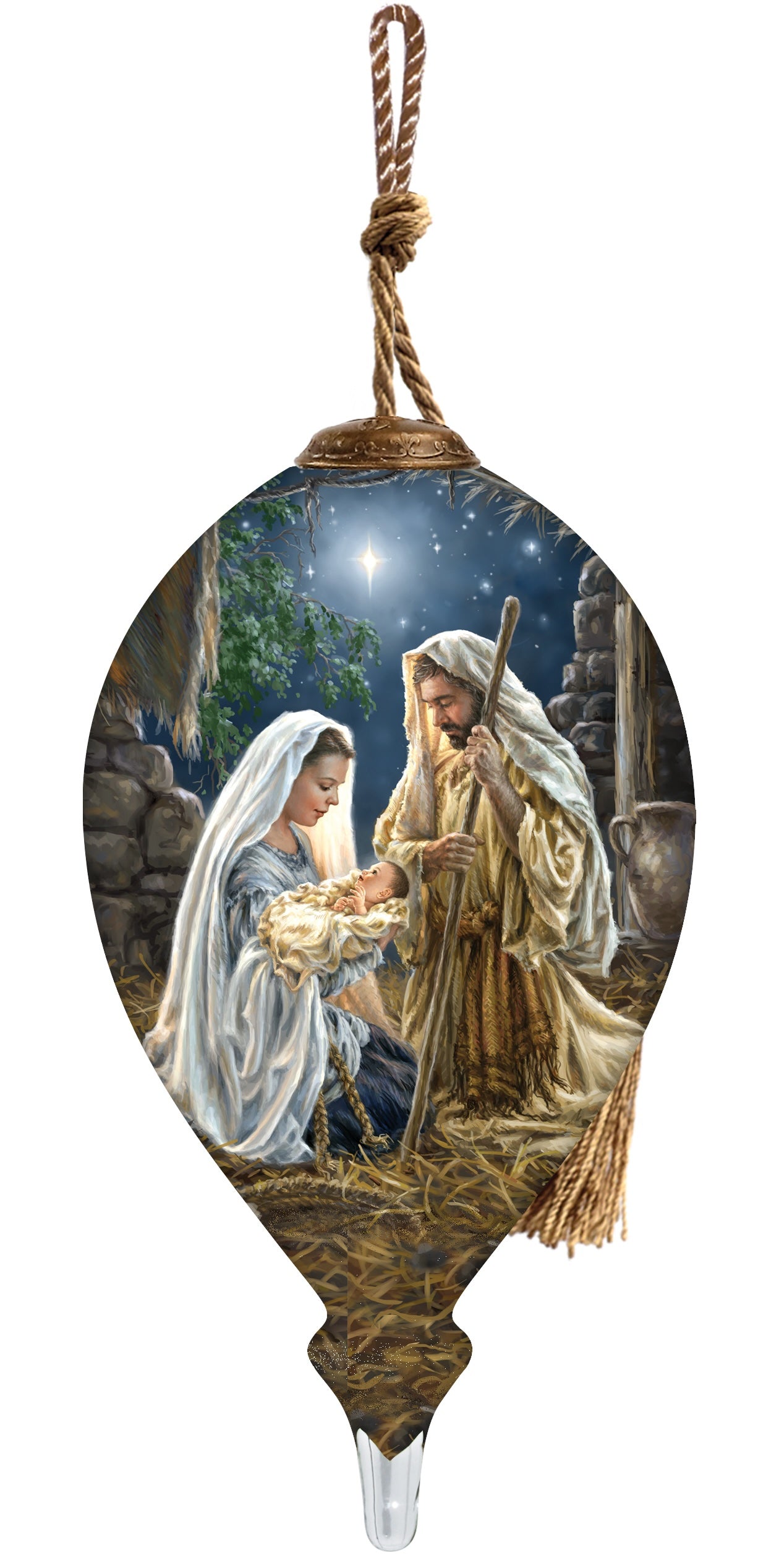 Glory To God Religious Hand Painted Blue Brown And White Glass Finial Ornament